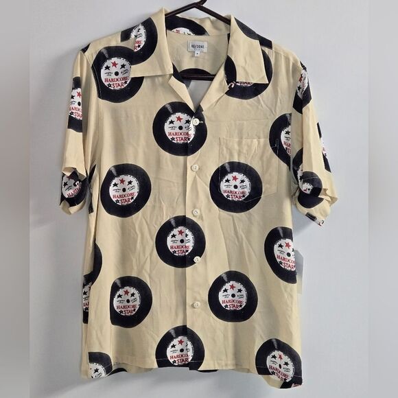 Re/Done Hard Core Star Rayon Short Sleece Button-Down Shirt Sz M Putty N… - Picture 1 of 6